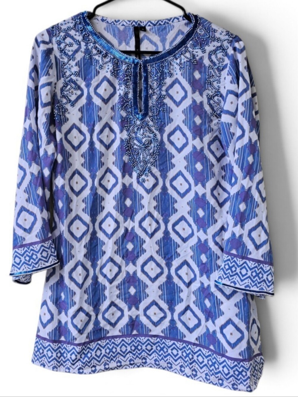 Kay Celine Embellished Tunic Blue & White Sequin Accent Size Small